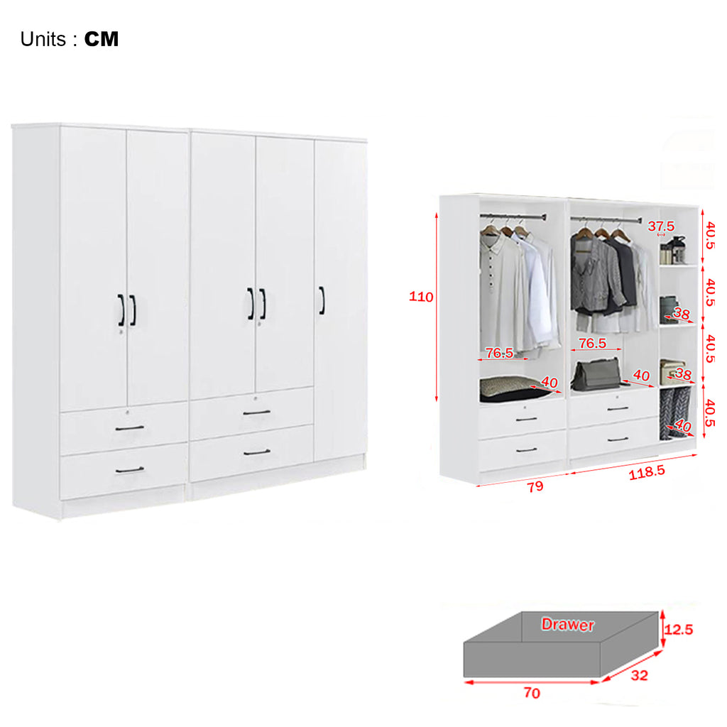 Cyprus Series 5 Door Wardrobe with 4 Drawers in Full White Colour