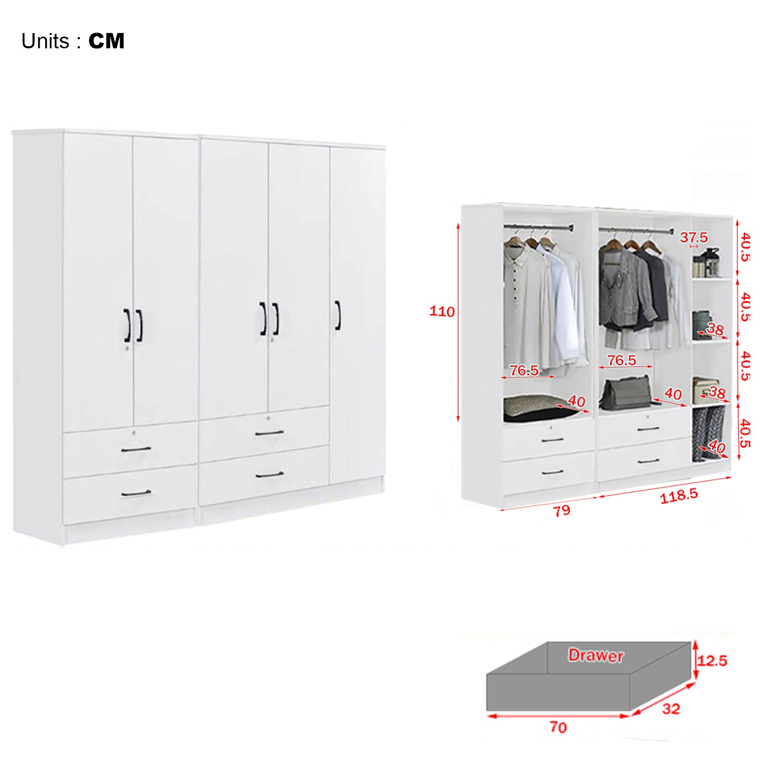 Cyprus Series 5 Door Wardrobe with 4 Drawers in Full White Colour