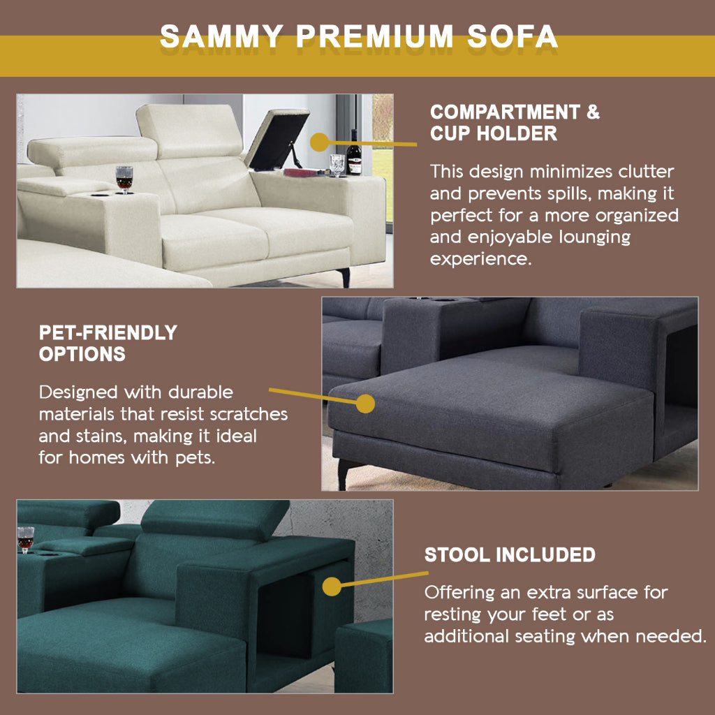 Sammy L-Shaped Sofa with Stool & Storage Upholstered w/ Pet-Friendly Option