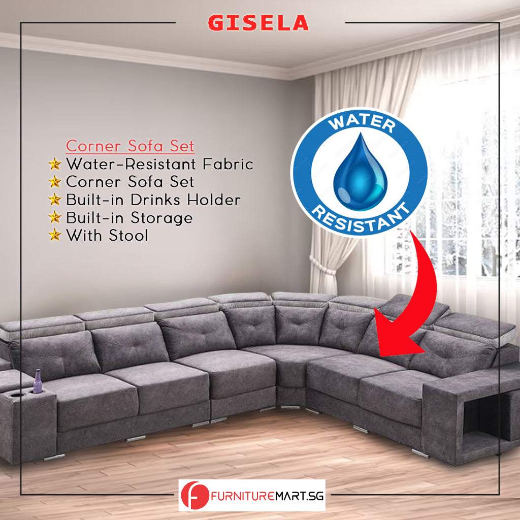Gisela Corner Set Sofa Water Resistant Fabric in Grey Colour