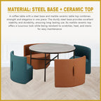 Lenny Coffee Center Table with 4 pcs Stool Steel metal + Ceramic Table Top