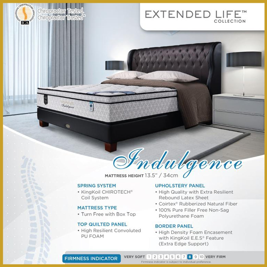 King Koil Indulgence 13.5" Mattress Chiro tech Coil Extended Life Collection - Bundle w/ Pillow - All Sizes