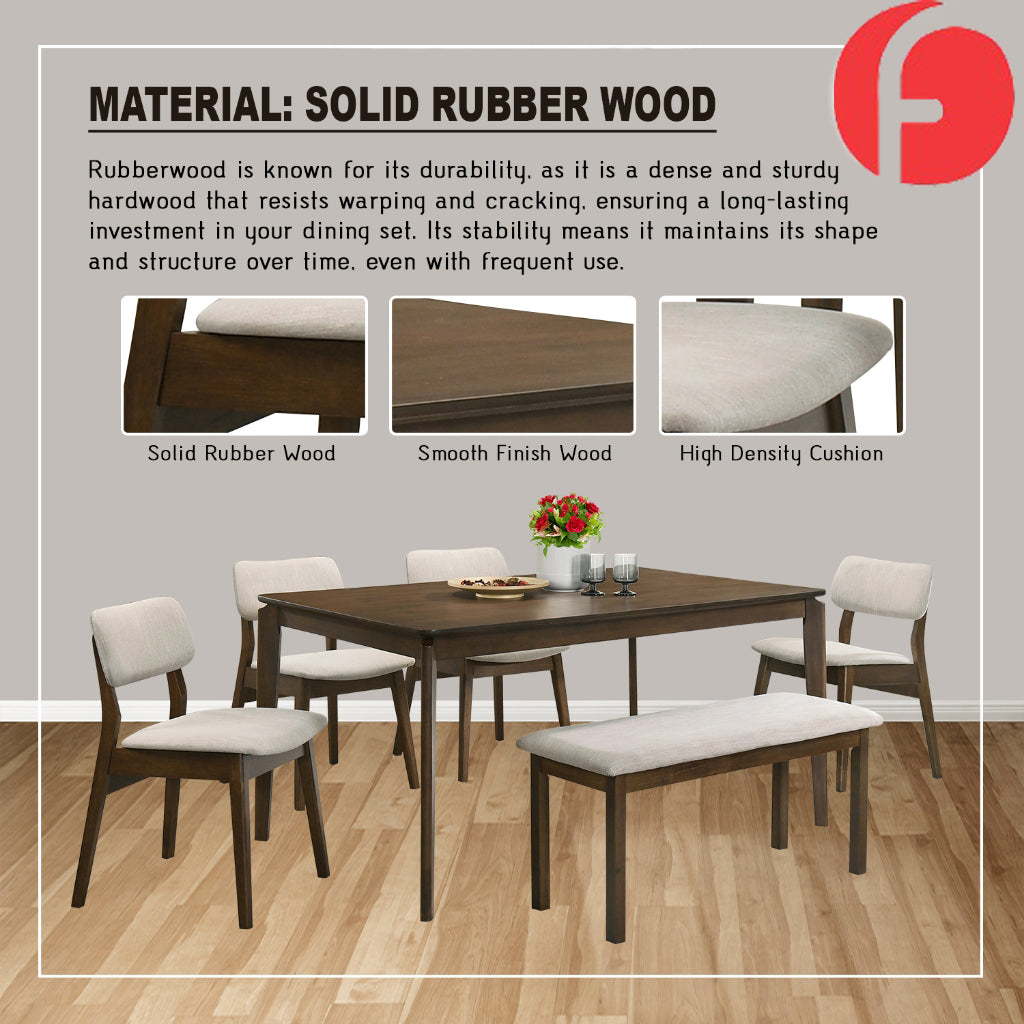 Wilton 4/6 Seater Dining Set w/ Table, Chair & Bench Solid Rubber Wood in 3 Colours
