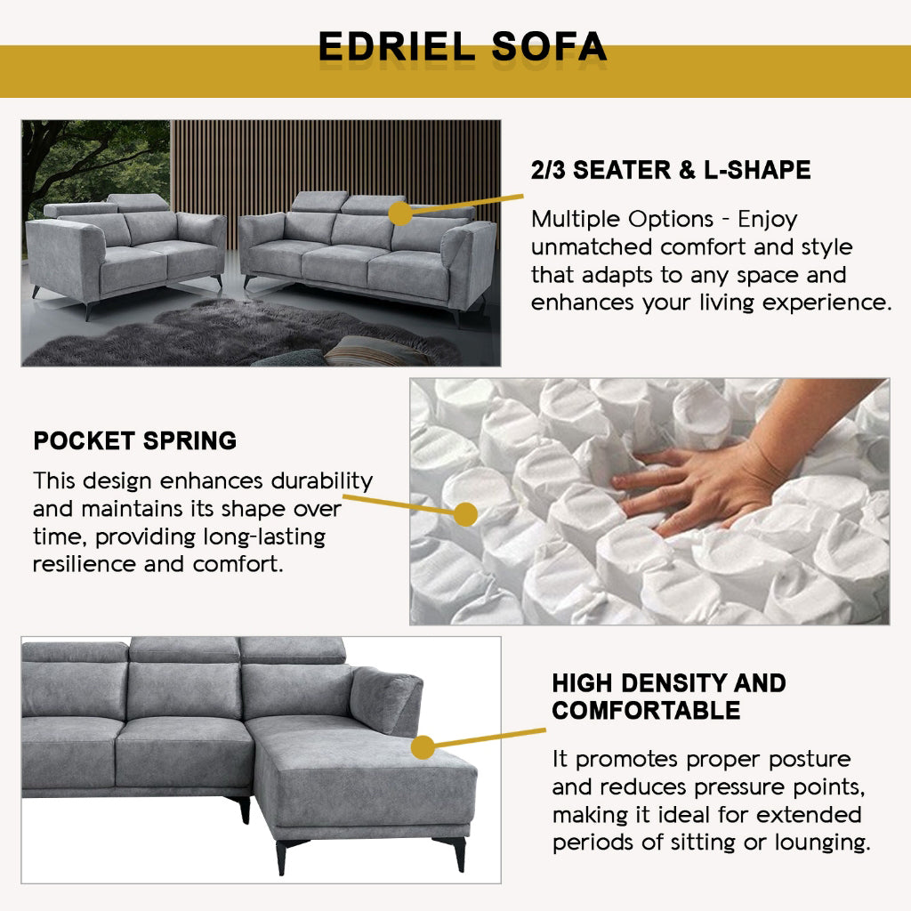 Edriel 2/3-Seater L-Shaped Sofa Scratch-Proof Upholstered Pet-Friendly in 50 Colors