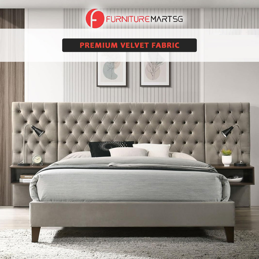 Lucy Queen/King Bed Frame Button Tufted with Side Panels & Floating Side Table in Grey Velvet Fabric