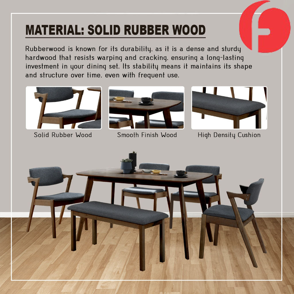 Xyrel Nordic Dining Set w/ Table, Chair & Bench Solid Rubber Wood in 3 Colours