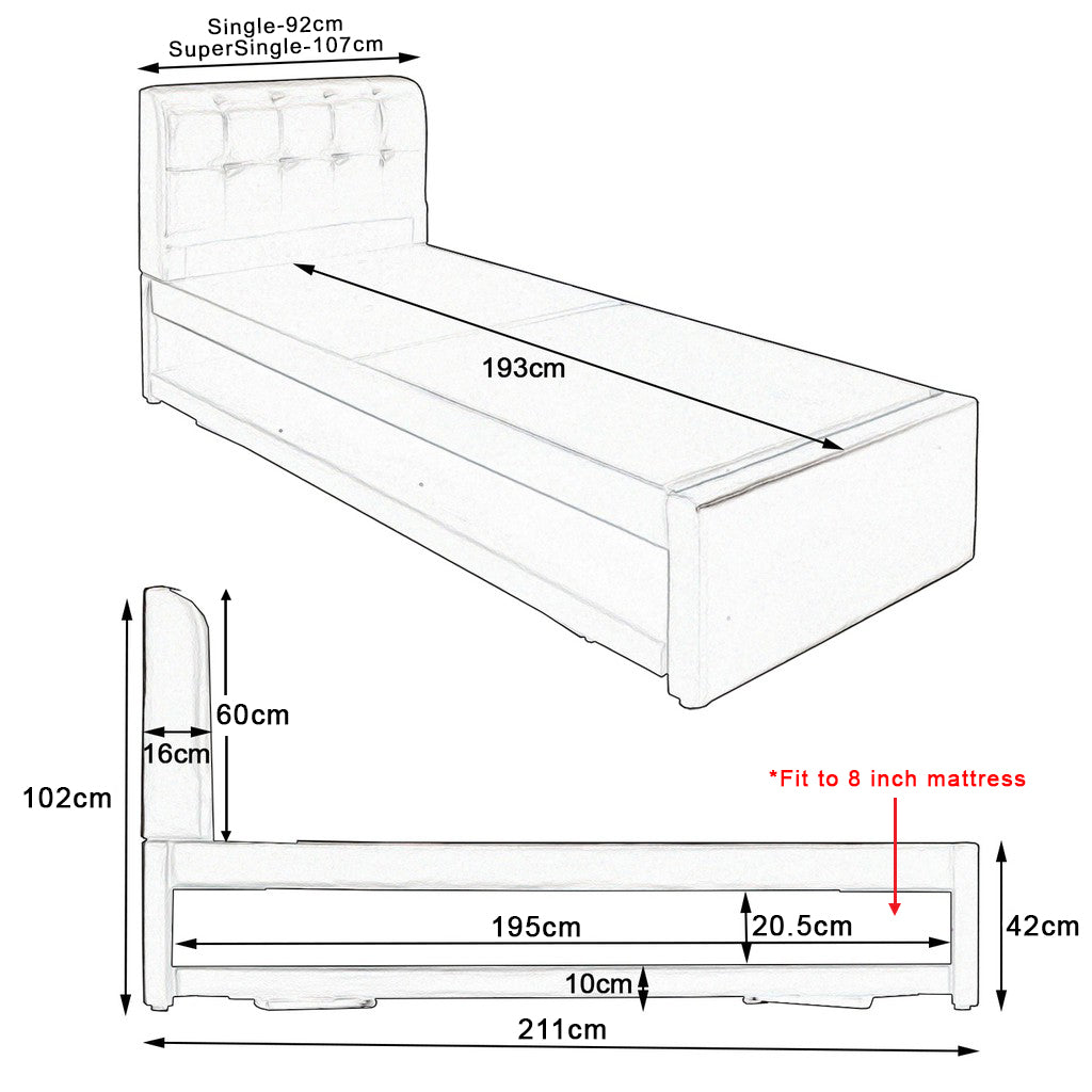 Sadie Single & Super Single Pull-Out Type Bed Frame Fabric and Faux Leather in 6 Colour