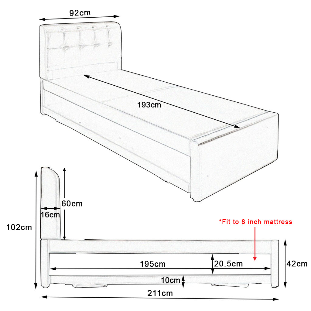 Dorma Single Divan + Pull-Out Type Bed Frame Fabric Upholstery in Grey Colour w/ Mattress Option