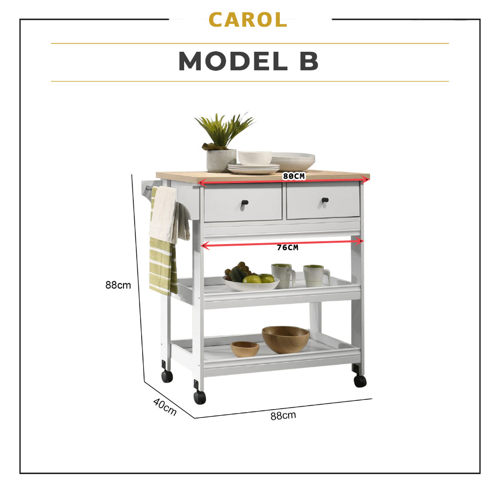 CAROL Series 2 Mobile Kitchen Island/Storage Cabinet 2 Drawer with 4 Wheel Trolley Pantry White Color Solid Table Top