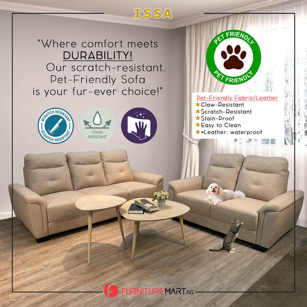 Issa 2/3-Seater Sofa Pet-Friendly Leathaire Fabric ZigZag Spring and Pocket Spring Sofa in Beige