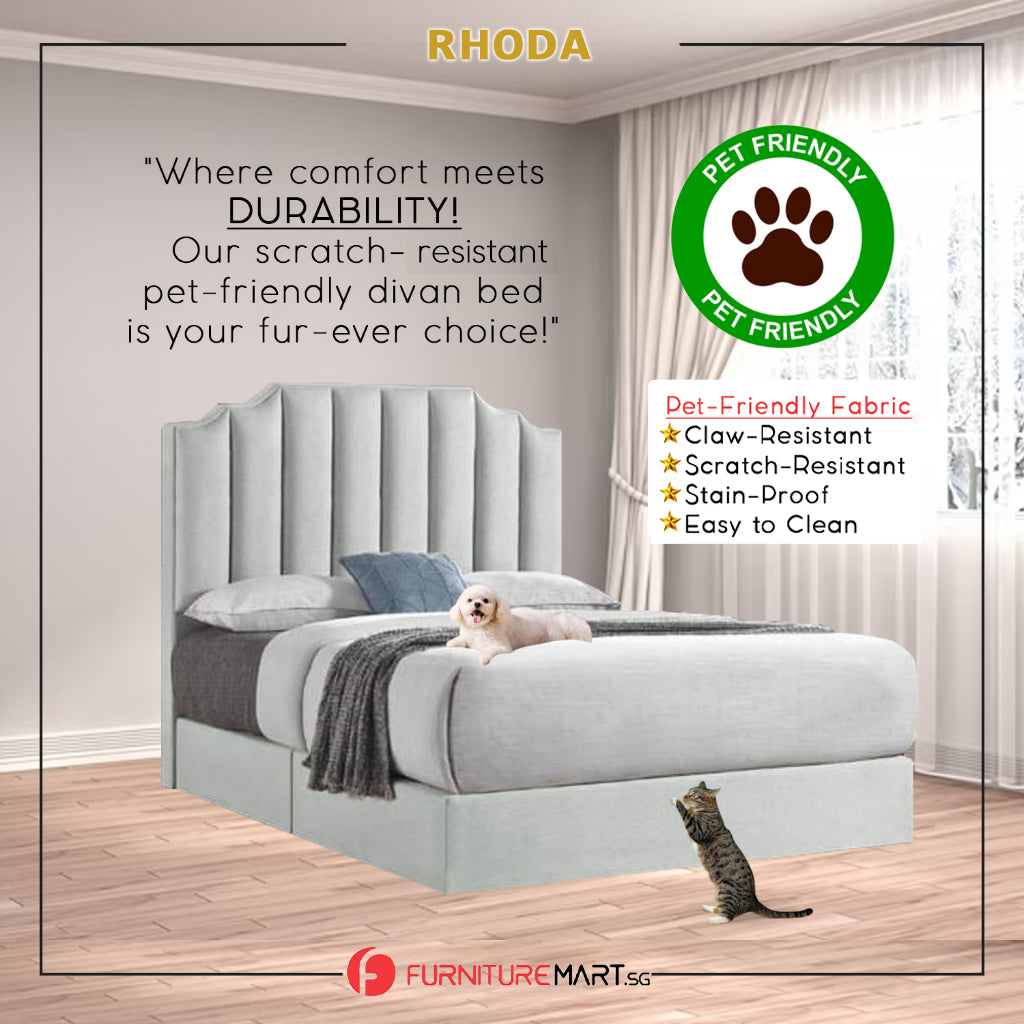 OrthoCoil Rhoda Queen/King Divan Bedframe Pet-Friendly Scratch-Resistant Fabric With Mattress Add-On Options