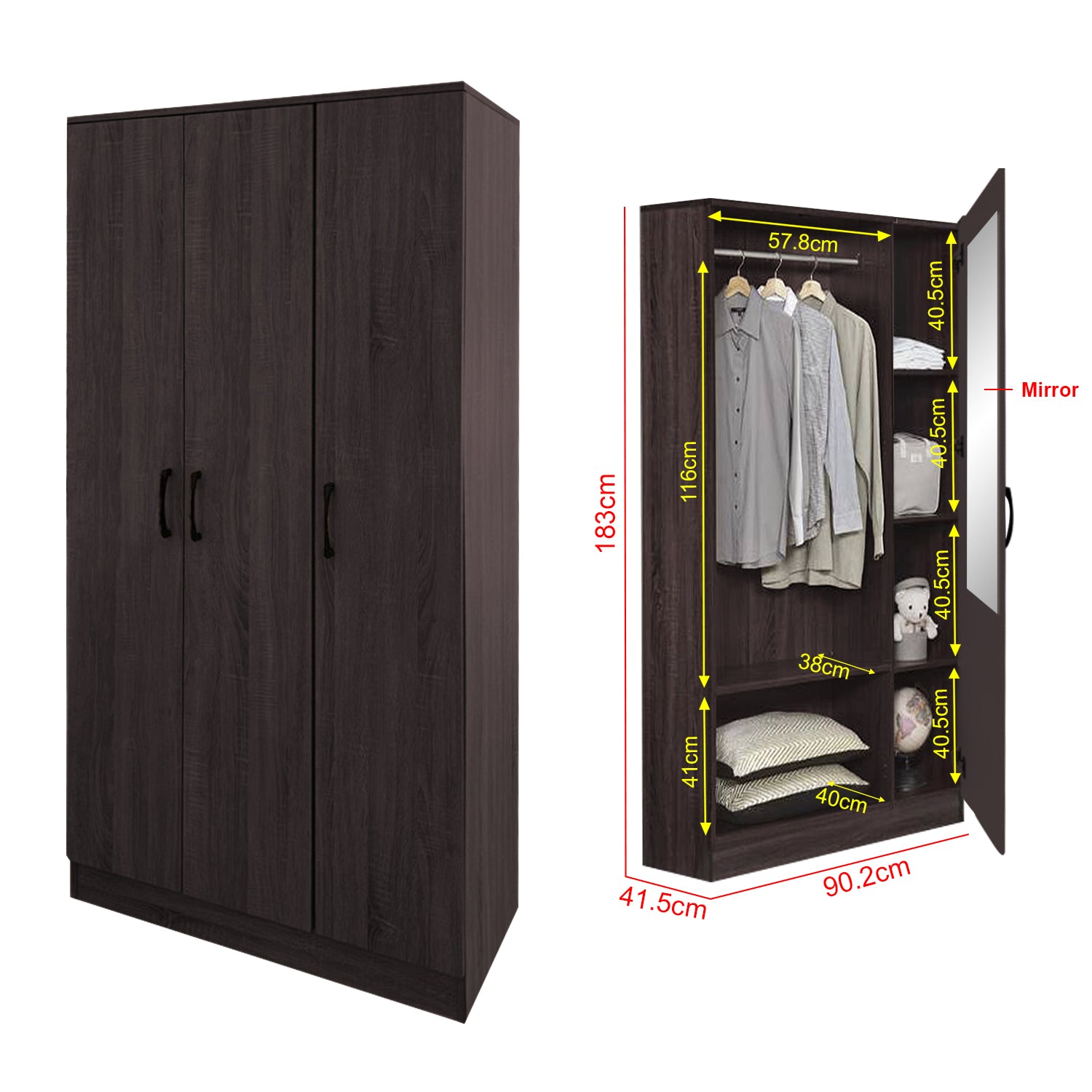 Munich Series 3-Door Soft Closing Wardrobe w/ Mirror Add-On in 4 Colours