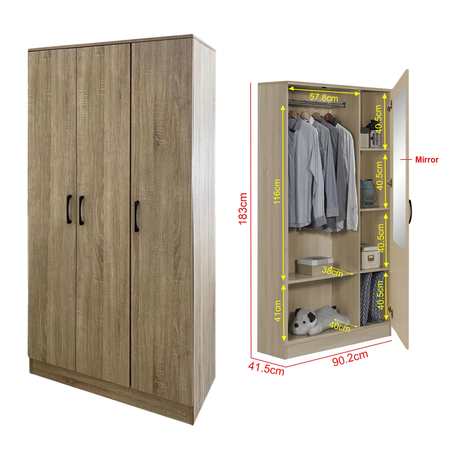 Munich Series 3-Door Soft Closing Wardrobe w/ Mirror Add-On in 4 Colours