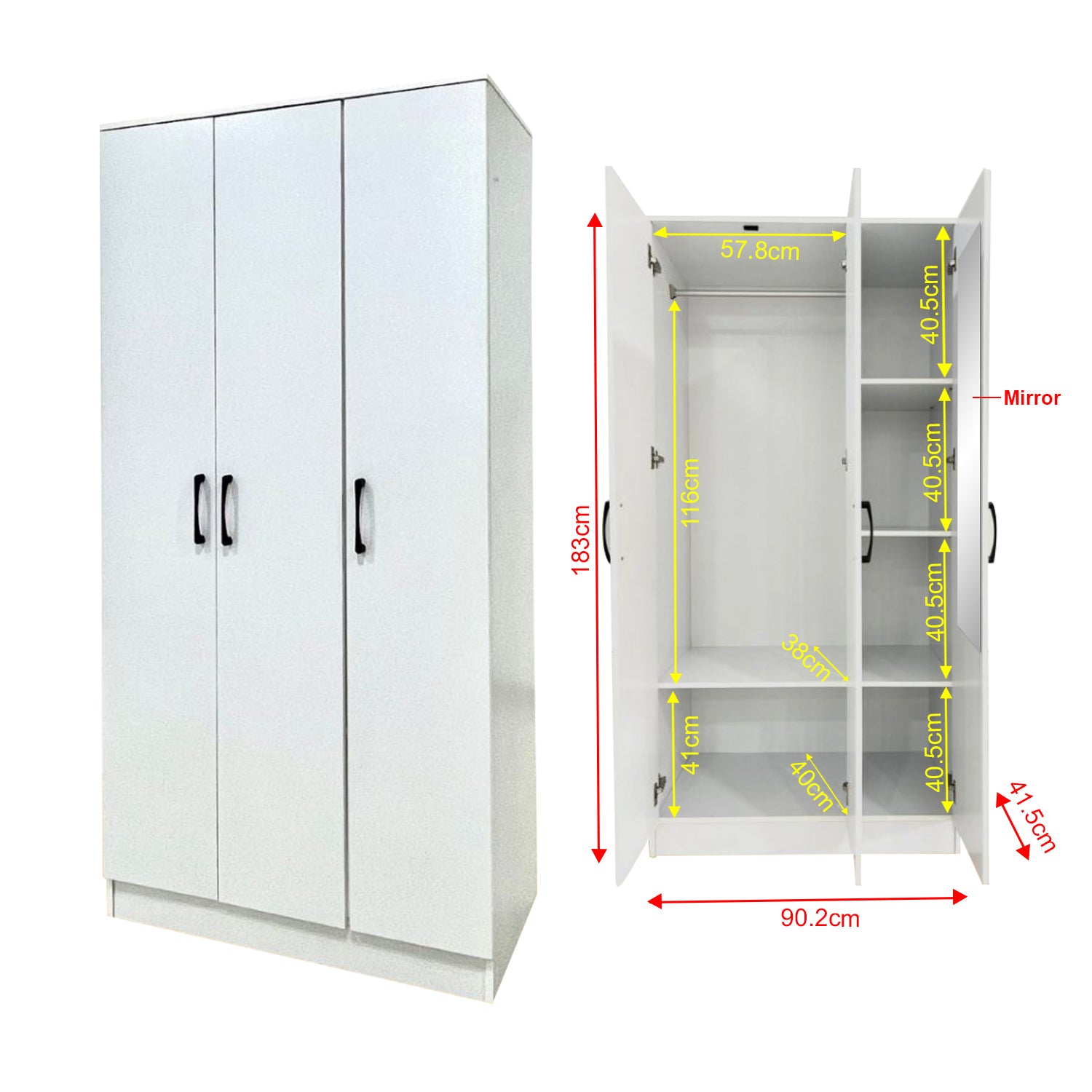 Munich Series 3-Door Soft Closing Wardrobe w/ Mirror Add-On in 4 Colours