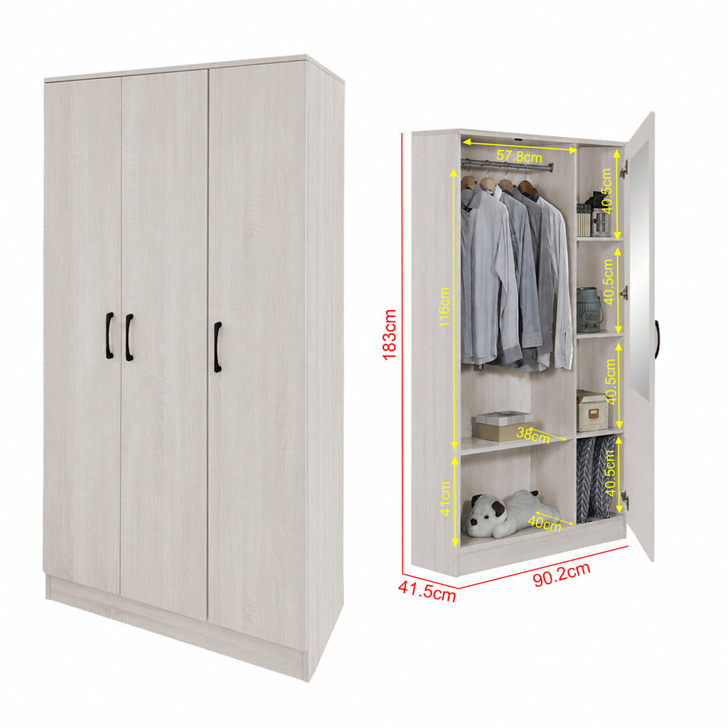 Munich Series 3-Door Soft Closing Wardrobe w/ Mirror Add-On in 5 Colours