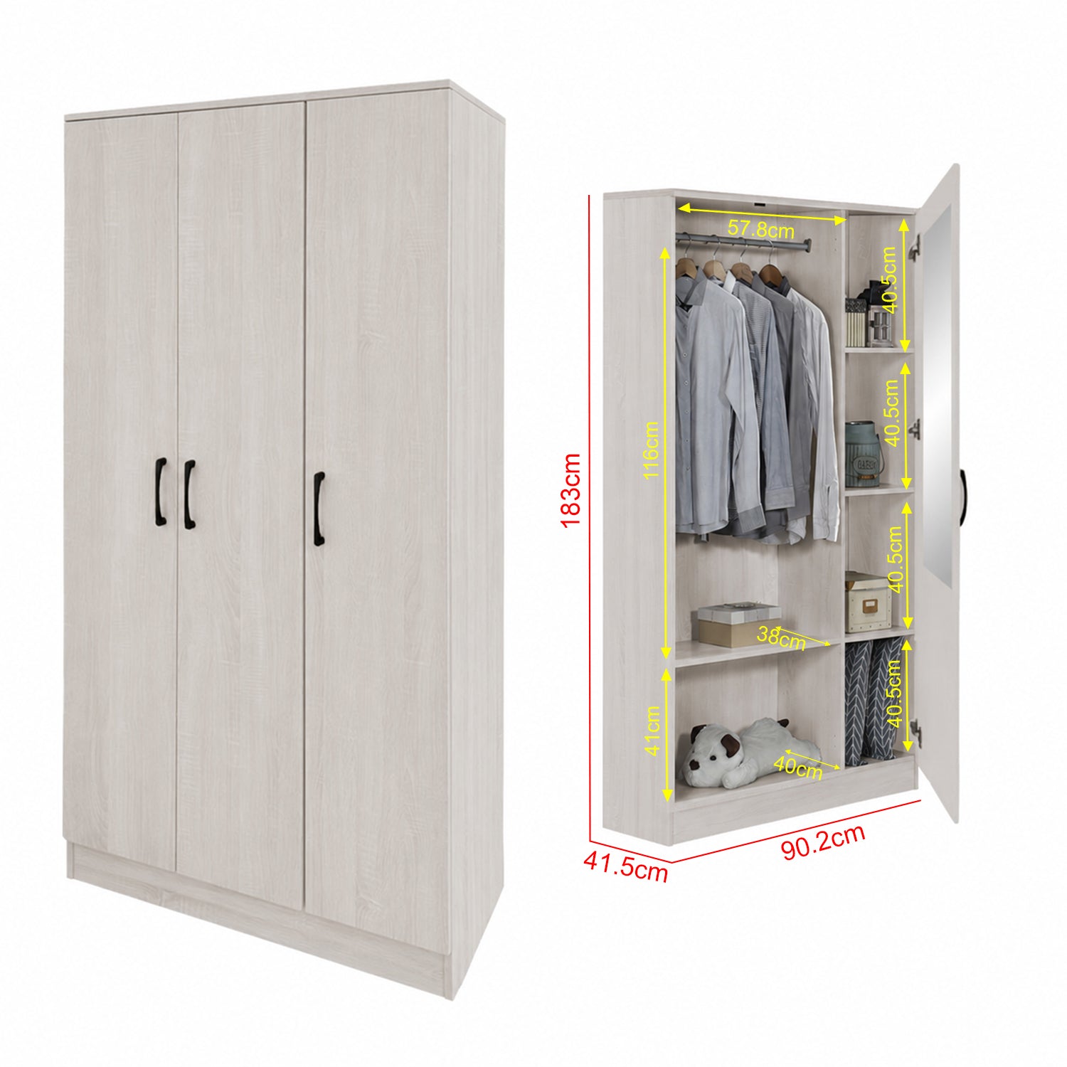 Munich Series 3-Door Soft Closing Wardrobe w/ Mirror Add-On in 5 Colours