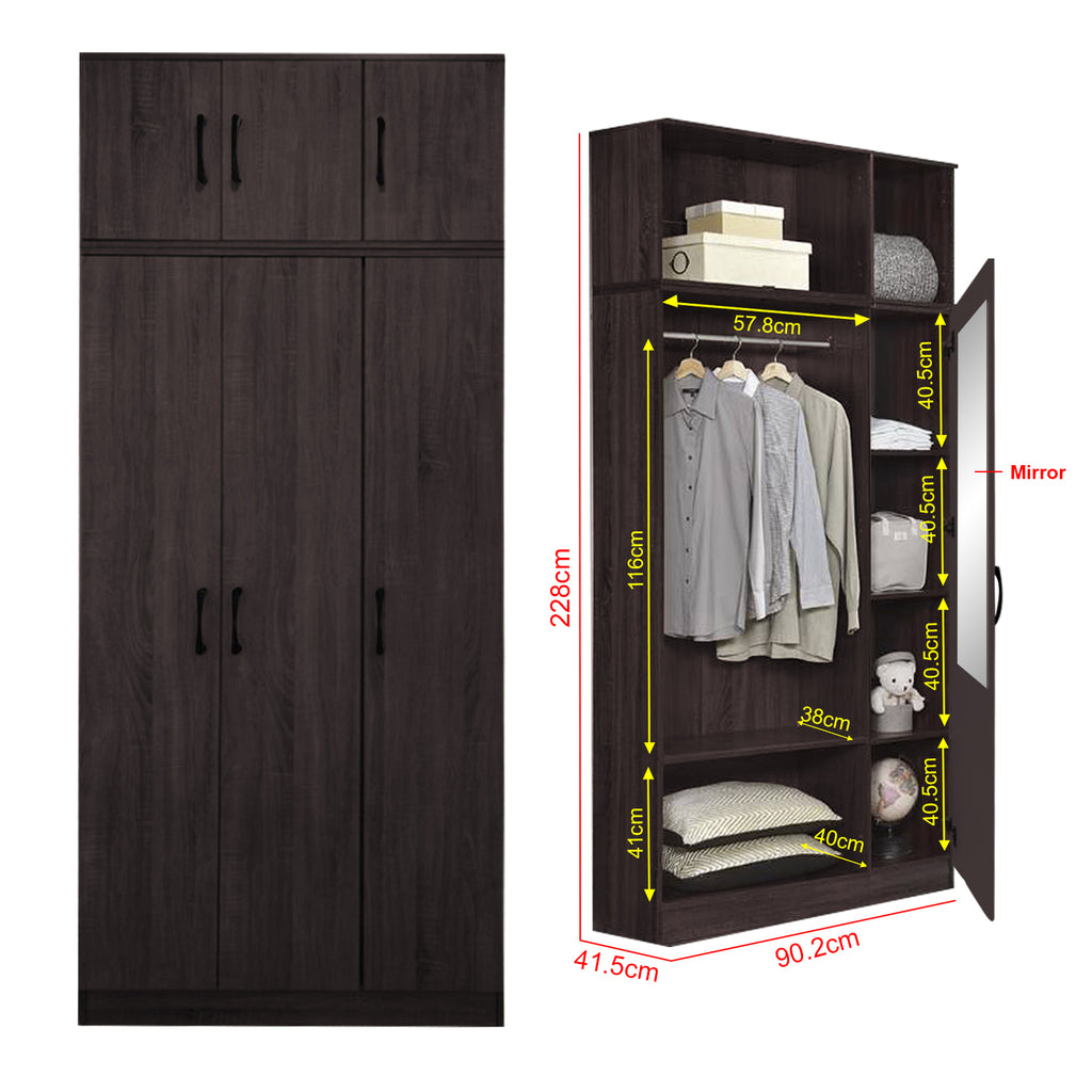 Munich Series 3-Door Soft Closing Wardrobe with Top Cabinet - w/ Mirror Add-On in 3 Colours