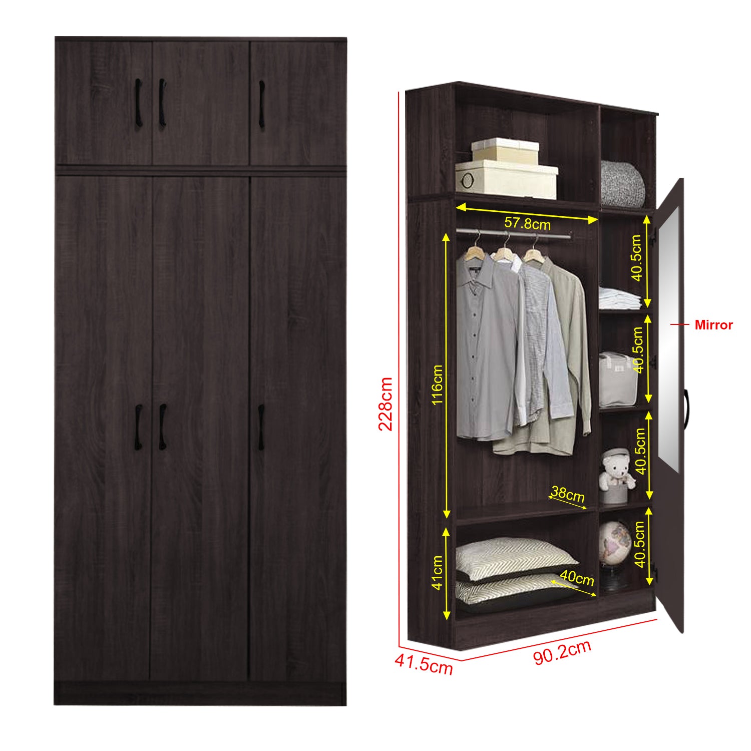 Munich Series 3-Door Soft Closing Wardrobe with Top Cabinet - w/ Mirror Add-On in 3 Colours