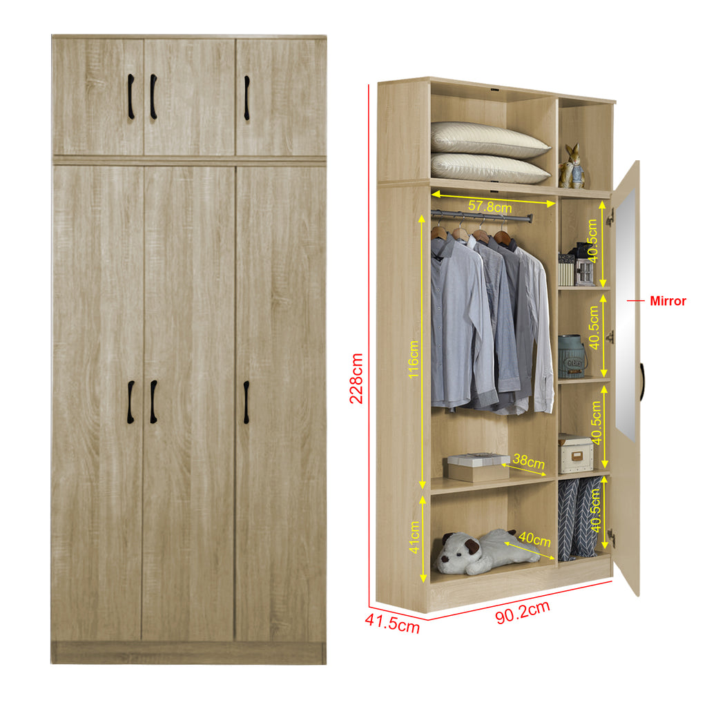 Munich Series 3-Door Soft Closing Wardrobe with Top Cabinet - w/ Mirror Add-On in 3 Colours