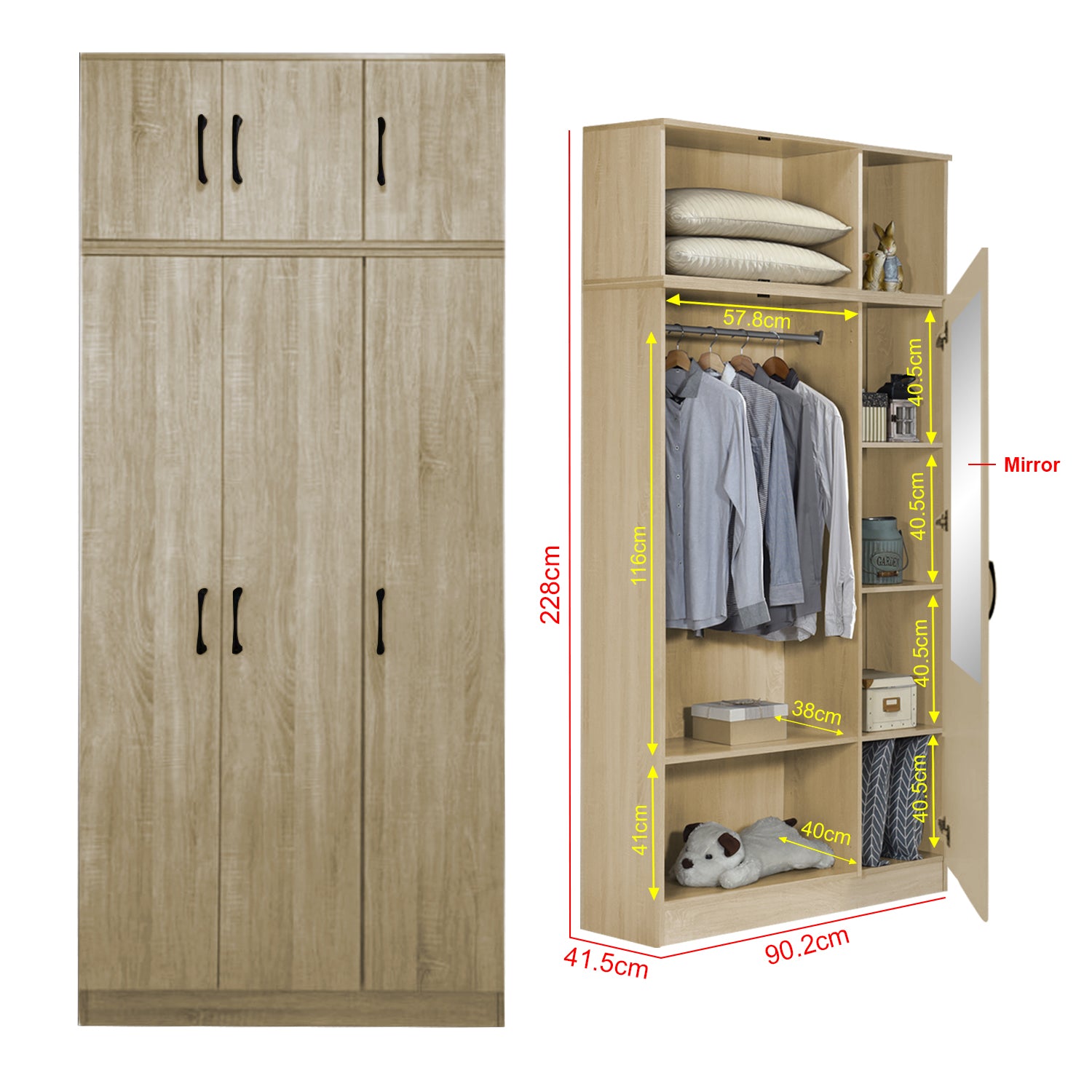 Munich Series 3-Door Soft Closing Wardrobe with Top Cabinet - w/ Mirror Add-On in 3 Colours