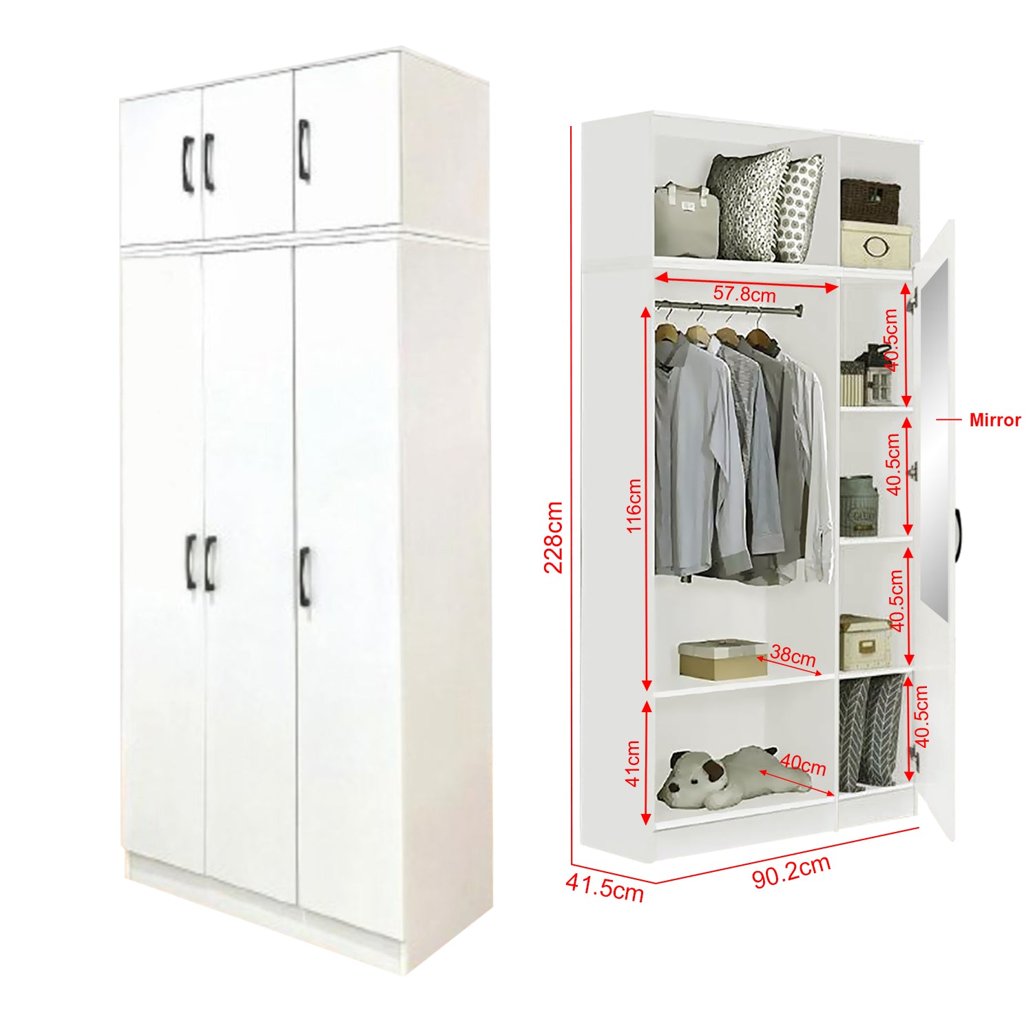 Munich Series 3-Door Soft Closing Wardrobe with Top Cabinet - w/ Mirror Add-On in 3 Colours
