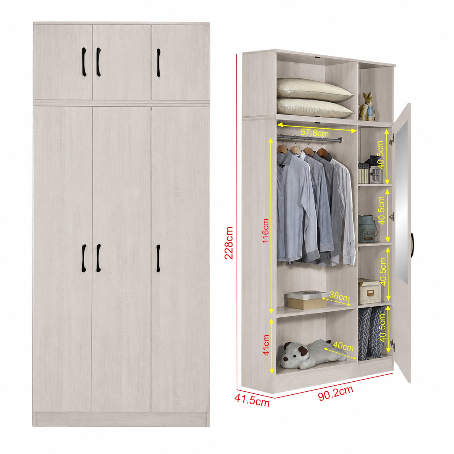Munich Series 3-Door Soft Closing Wardrobe with Top Cabinet - w/ Mirror Add-On in 4 Colours