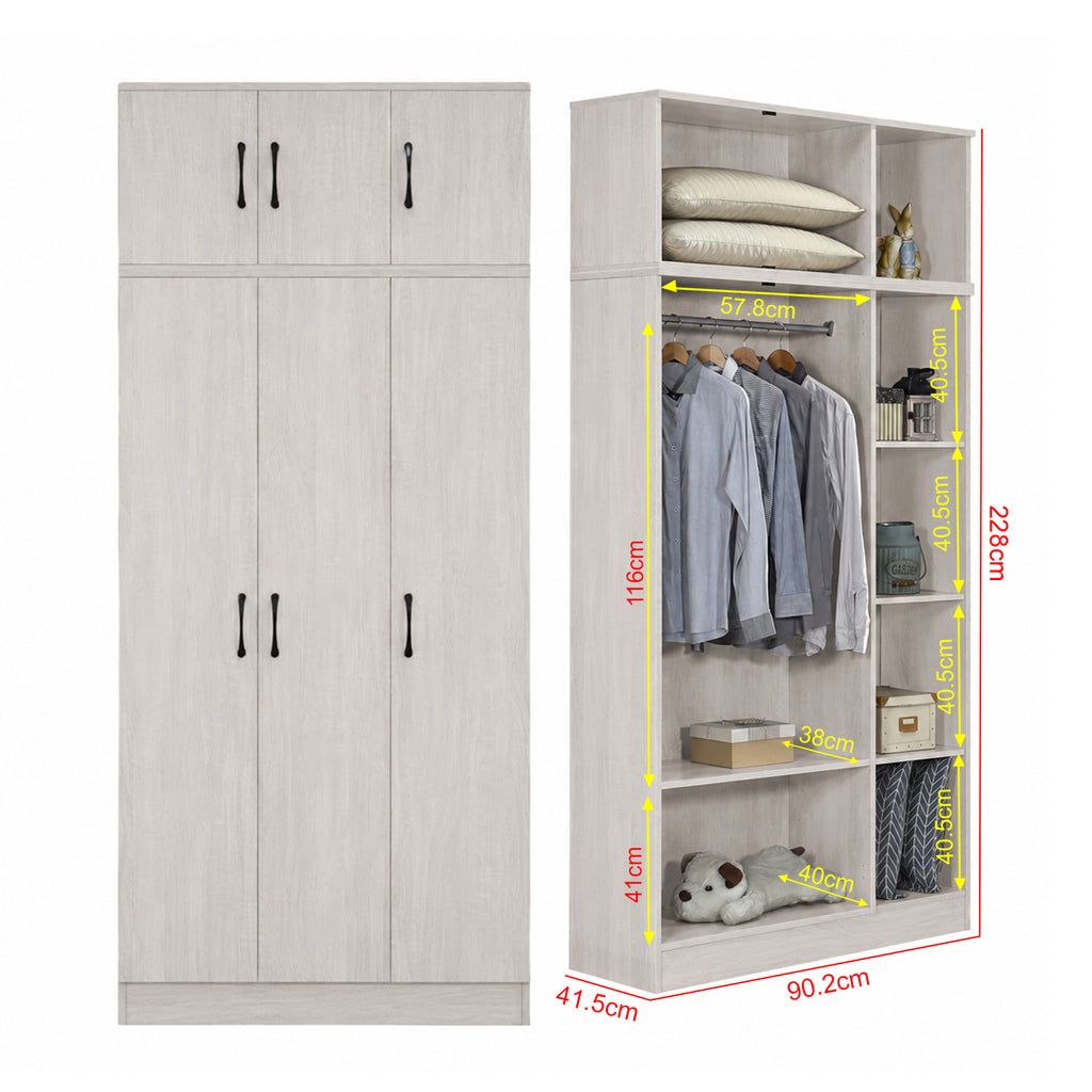 Munich Series 3-Door Soft Closing Wardrobe with Top Cabinet - w/ Mirror Add-On in 4 Colours