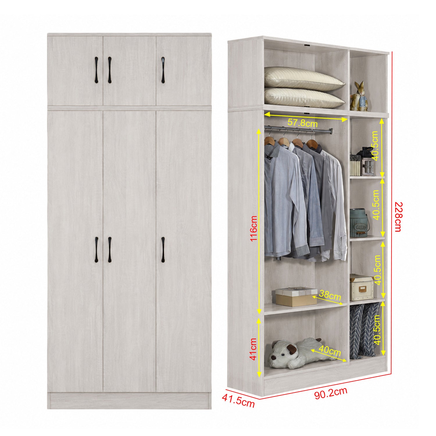 Munich Series 3-Door Soft Closing Wardrobe with Top Cabinet - w/ Mirror Add-On in 4 Colours