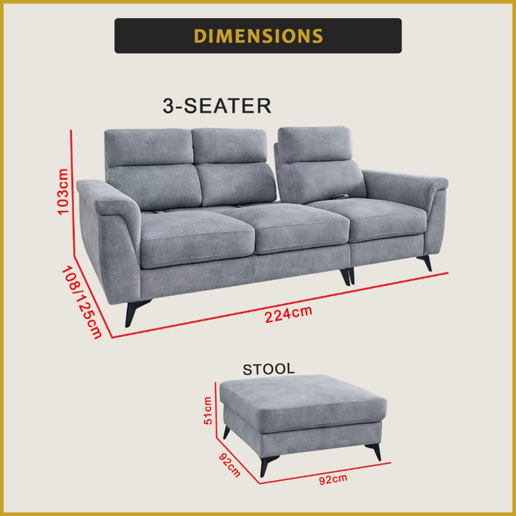 Cedie 3-Seater + Stool Pushback Sofa Pocket Spring High Density Foam PetFriendly Scratch-Resist