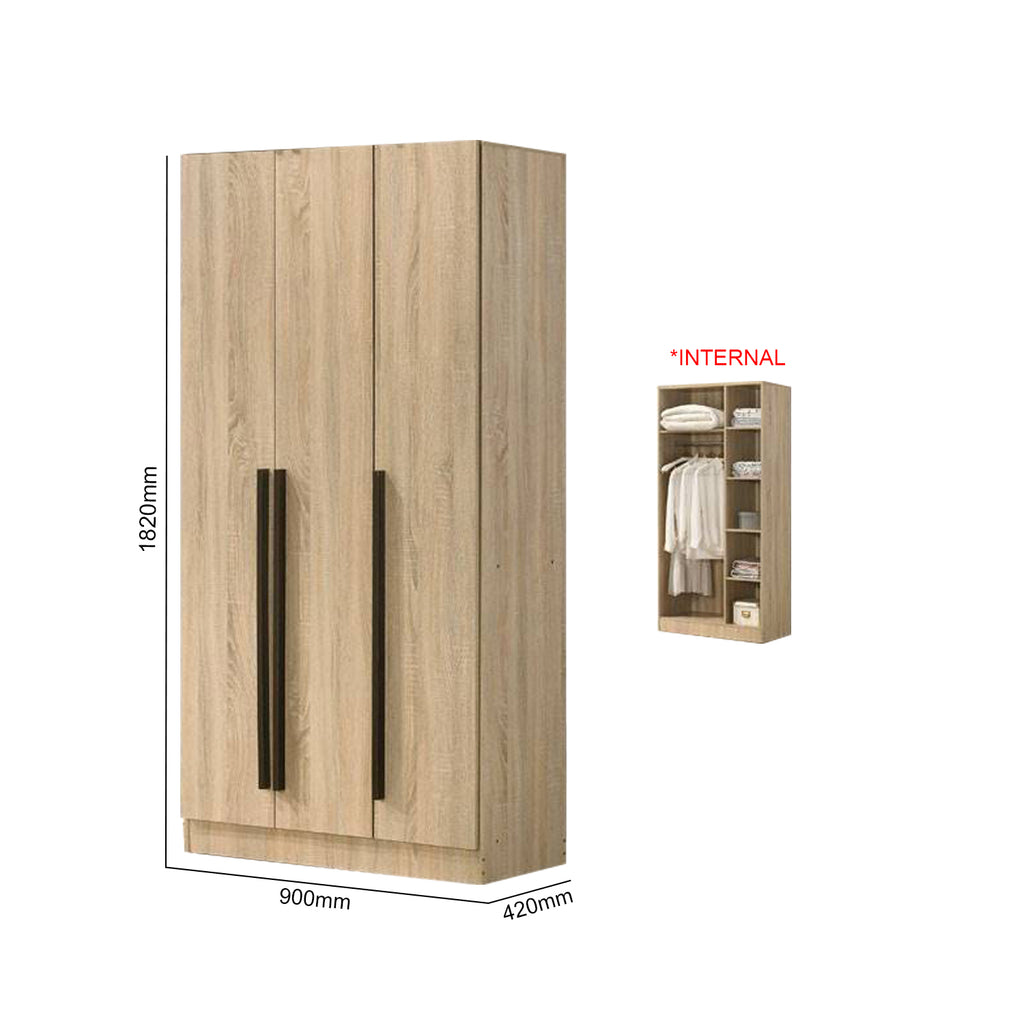 Zarya Series 3 Tall 3 Door Wardrobe Cabinet In Natural Oak Colour