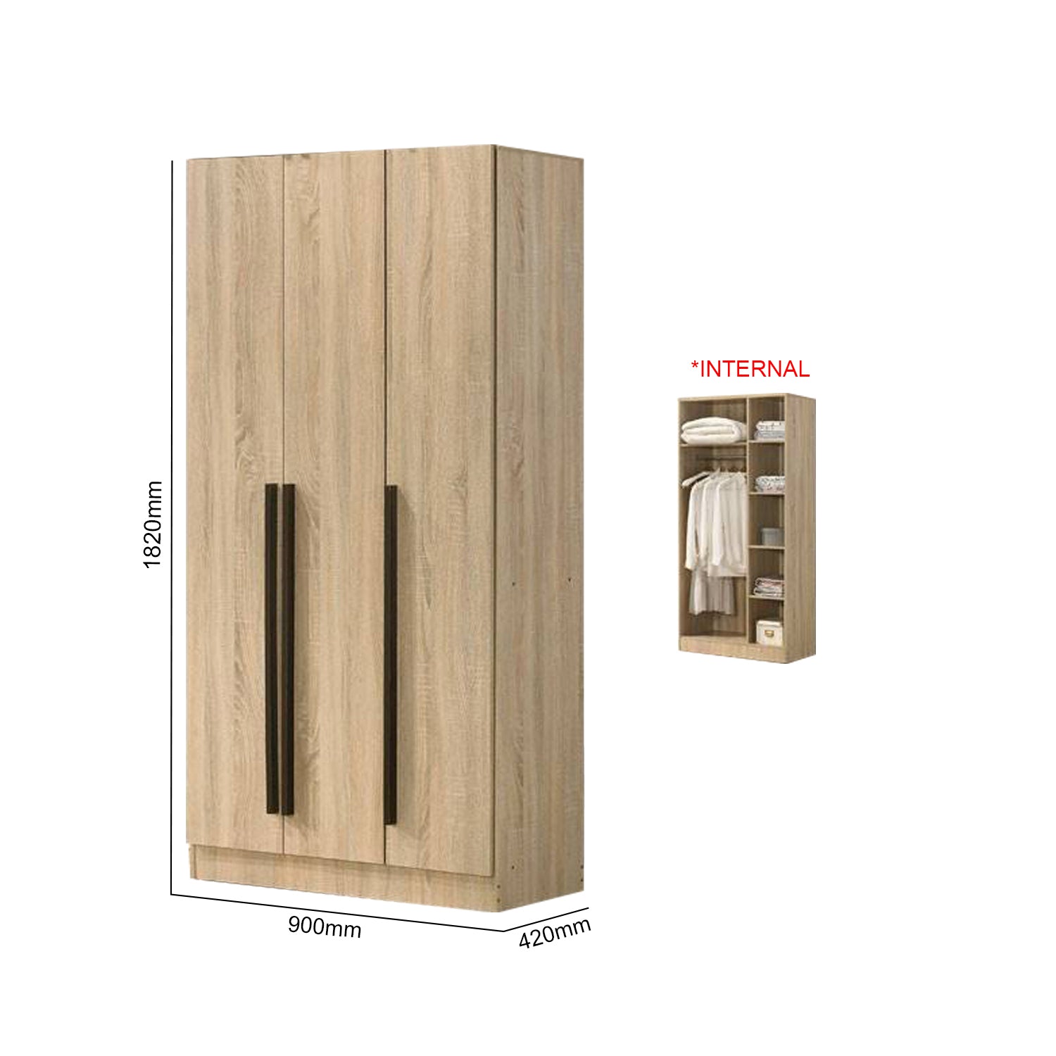 Zarya Series 3 Tall 3 Door Wardrobe Cabinet In Natural Oak Colour