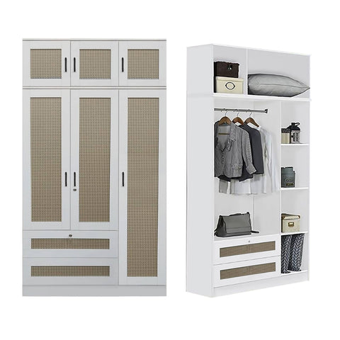 Image of CROATIA Series 1/2/3/4/5 Doors Wardrobe Rattan Design with Drawers and Top Cabinet
