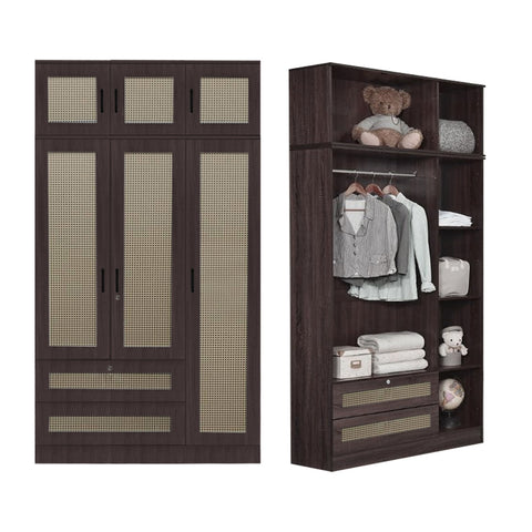 Image of CROATIA Series 1/2/3/4/5 Doors Wardrobe Rattan Design with Drawers and Top Cabinet