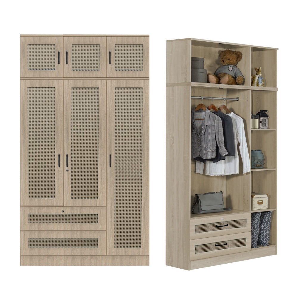 CROATIA Series 1/2/3/4/5 Doors Wardrobe Rattan Design with Drawers and Top Cabinet