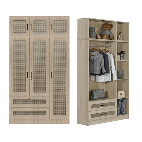 Image of CROATIA Series 1/2/3/4/5 Doors Wardrobe Rattan Design with Drawers and Top Cabinet