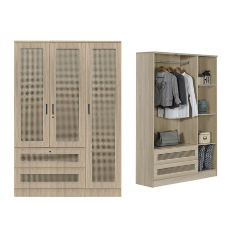 Image of CROATIA Series 1/2/3/4/5 Doors Wardrobe Rattan Design with Drawers and Top Cabinet