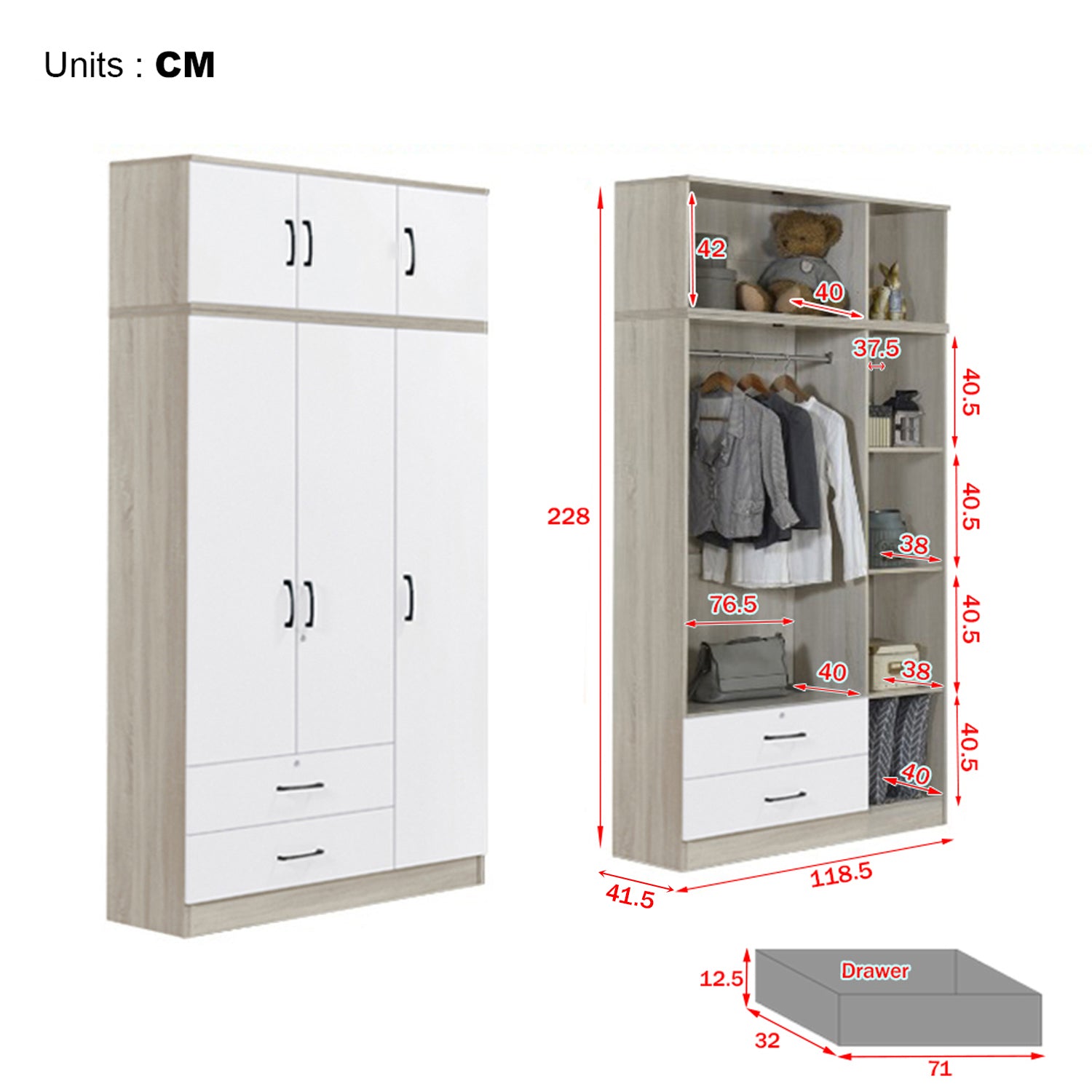 Poland Series 3 Door Tall Wardrobe with Drawers and Top Cabinet in Ivory & White Colour