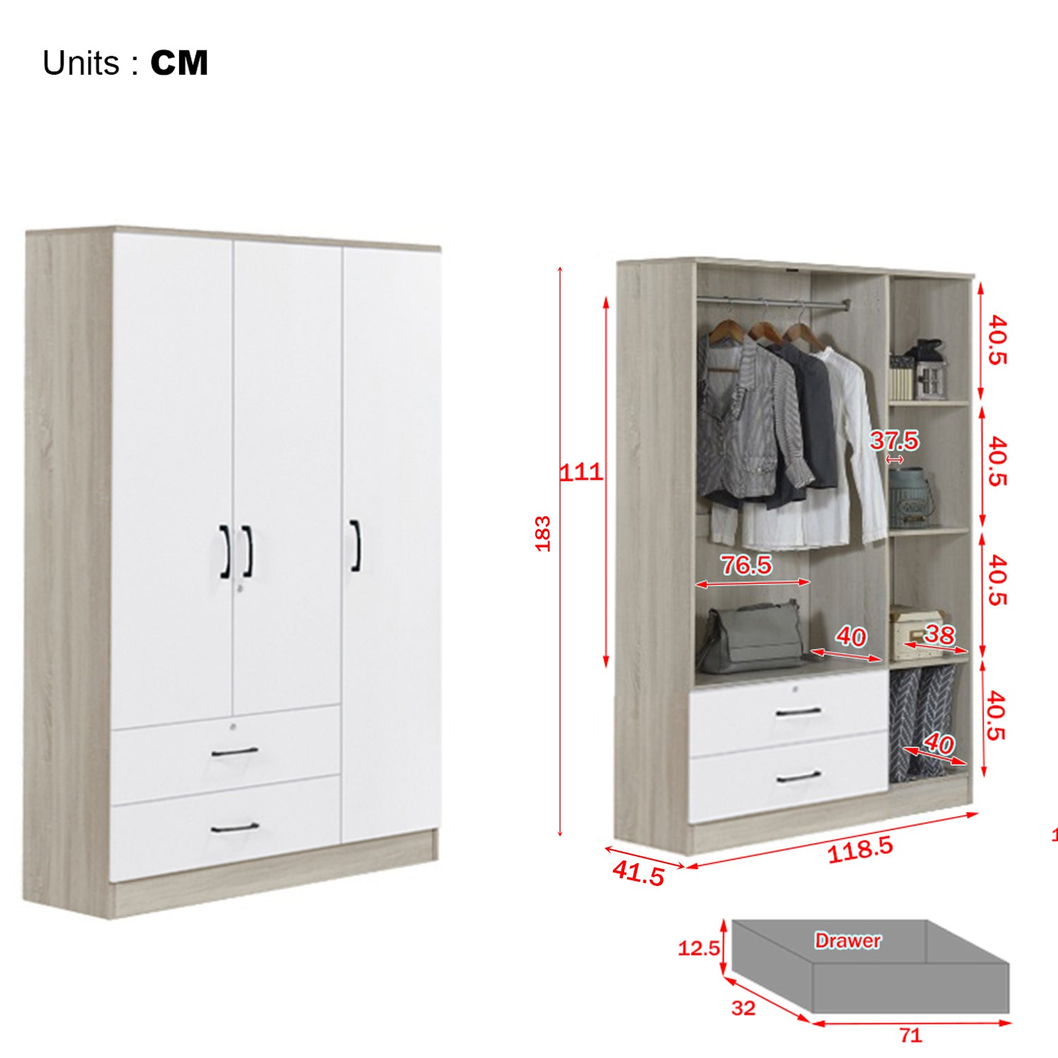 Poland Series 3 Door Wardrobe with Drawers in Ivory & White Colour
