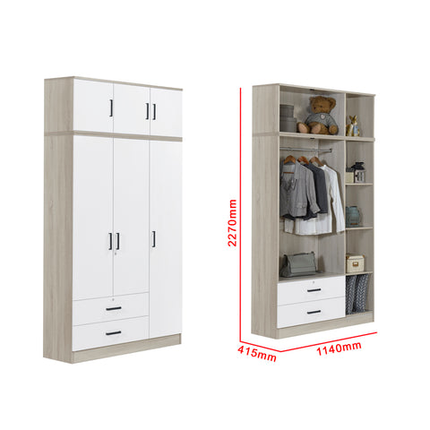 Image of Poland Series 3 Door Tall Wardrobe with Drawers and Top Cabinet in Natural & White Colour