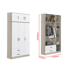 Poland Series 3 Door Tall Wardrobe with Drawers and Top Cabinet in Natural & White Colour