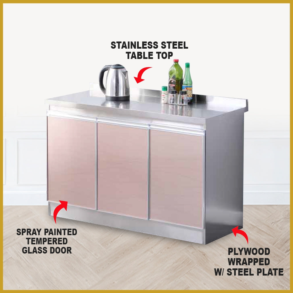 Greta Stainless Steel Top Kitchen Cabinet with Tempered Glass 5-Doors