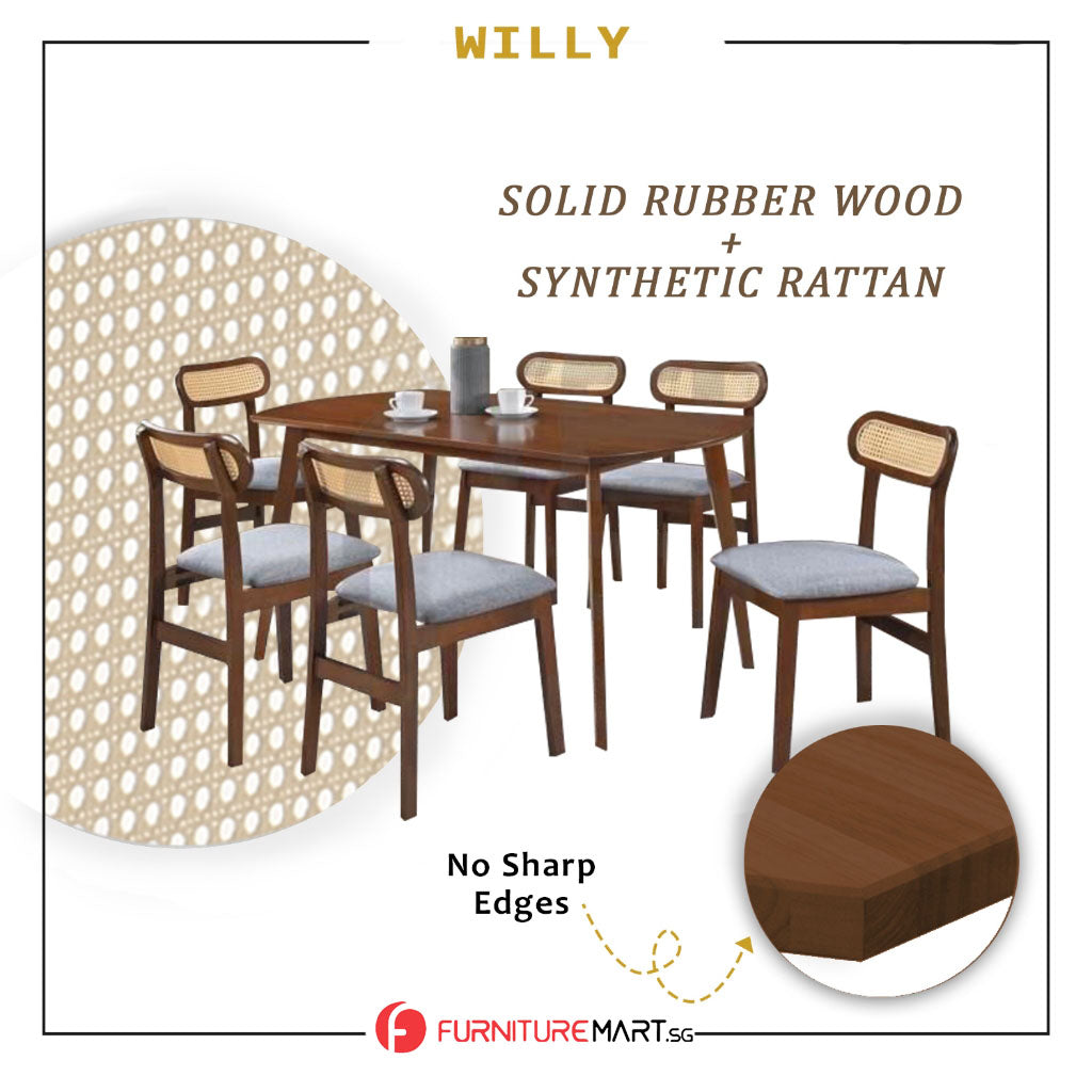 Willy 1+6 Dining Set w/ Table & Chair Solid Rubber Wood with Synthetic Rattan