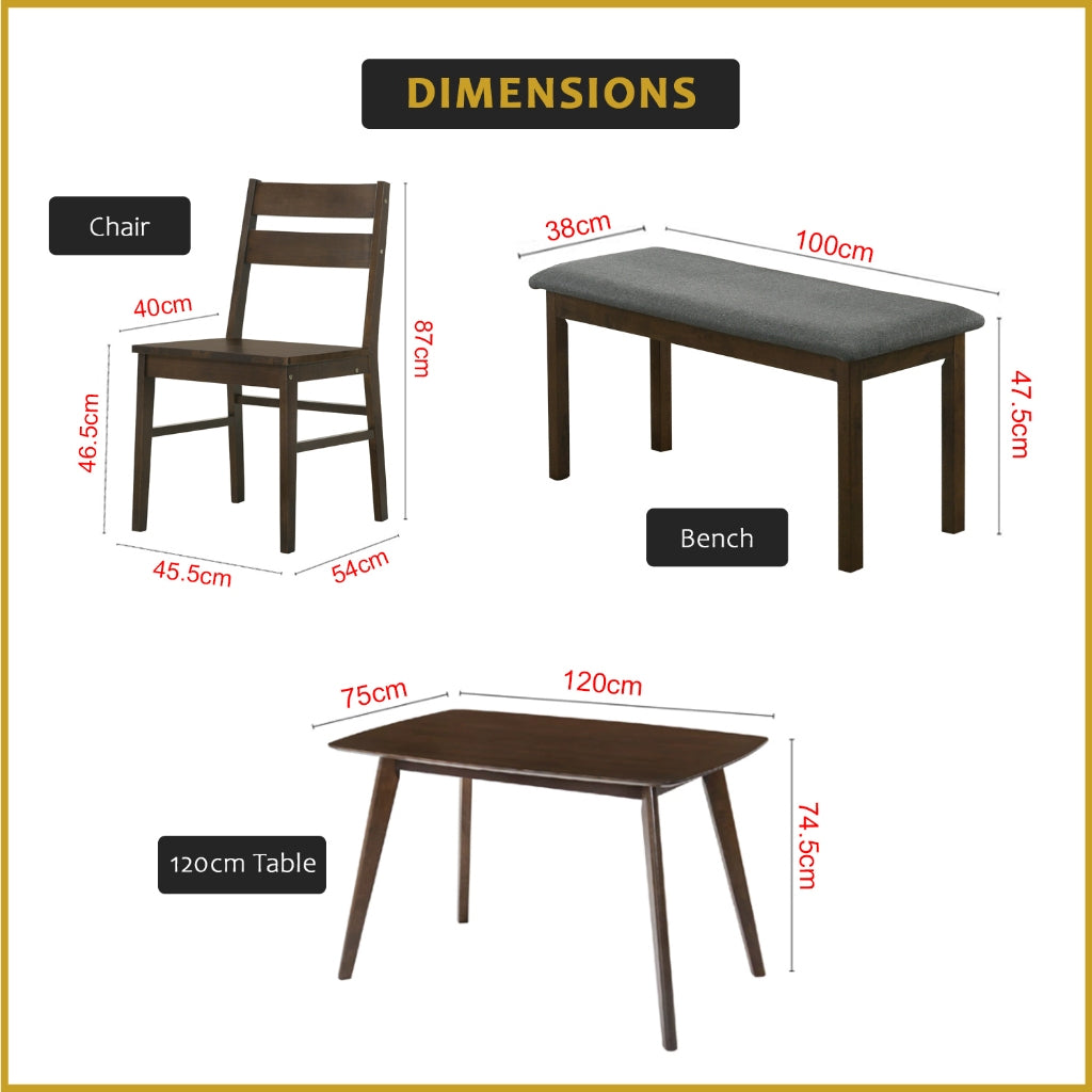 Jorgan 4/6 Seater Dining Set w/ Table, Chair & Bench Solid Rubber Wood in Walnut Colour