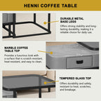 Henni 2-Piece Coffee Table with Drawer - Tempered Glass Top + Marble Ceramic Top