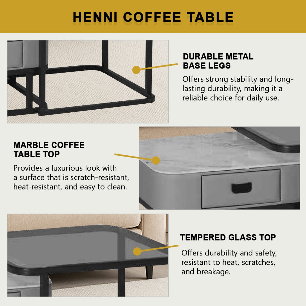 Henni 2-Piece Coffee Table with Drawer - Tempered Glass Top + Marble Ceramic Top