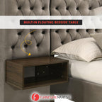 Lucy Queen/King Bed Frame Button Tufted with Side Panels & Floating Side Table in Grey Velvet Fabric