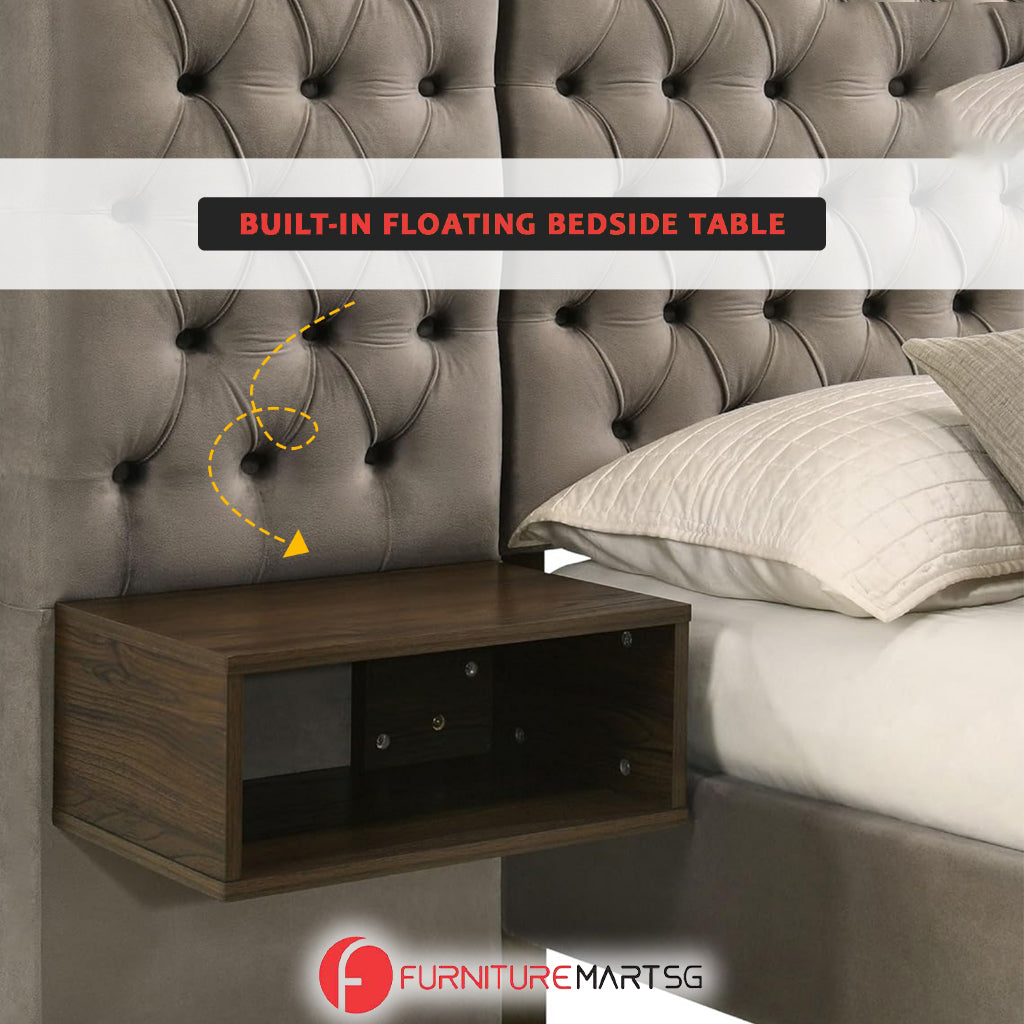Lucy Queen/King Bed Frame Button Tufted with Side Panels & Floating Side Table in Grey Velvet Fabric