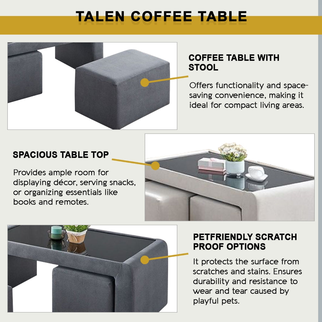 Talen Coffee Table with 2 pcs Stool - with PetFriendly Options