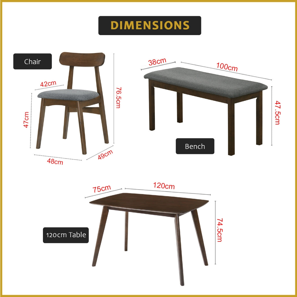 Fenza 4/6 Seater Nordic Dining Set w/ Table, Chair & Bench Solid Rubber Wood in 3 Colours