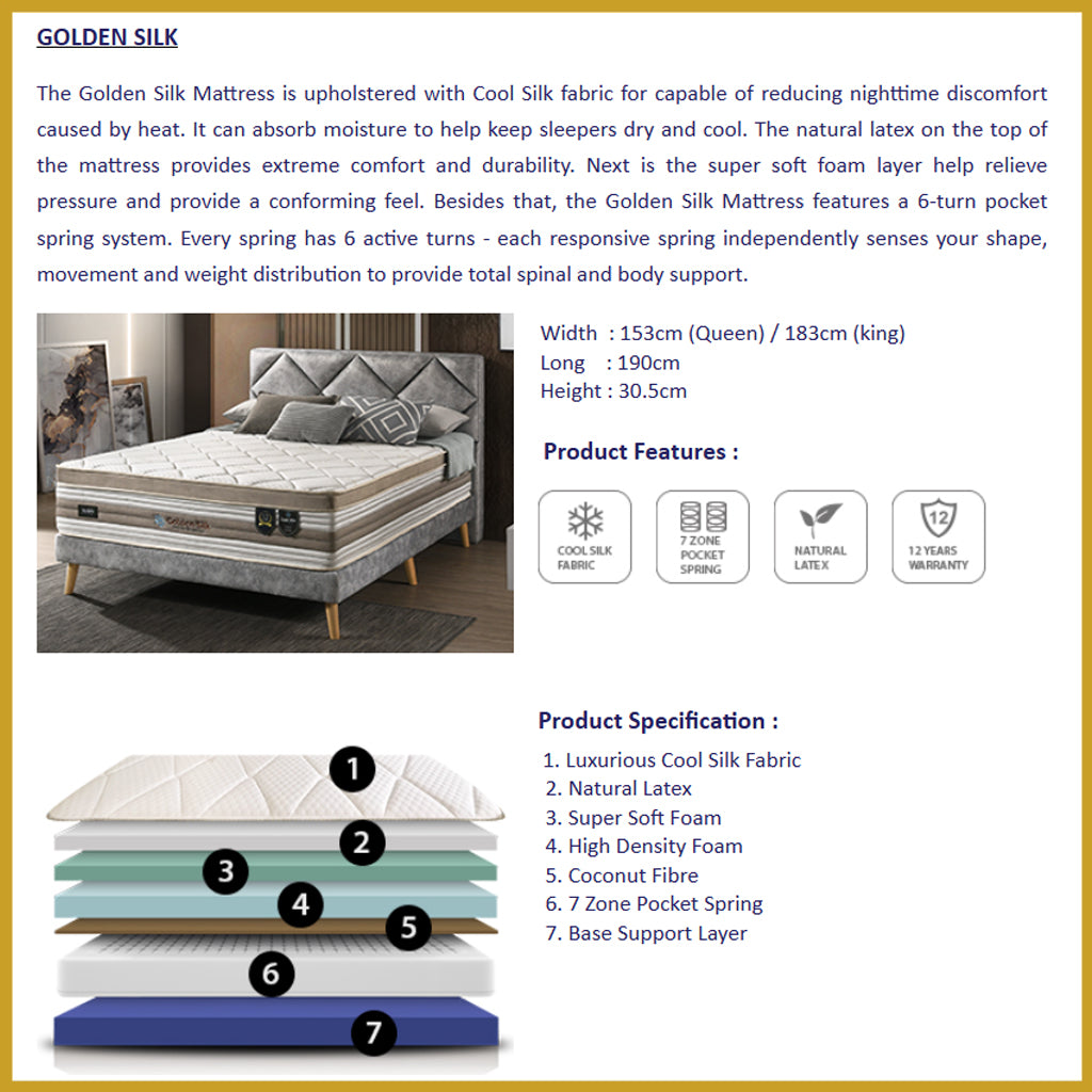 Honey Golden Silk 12" 7-Zone Pocket Spring Mattress FREE TOPPER & PILLOW  -All Sizes